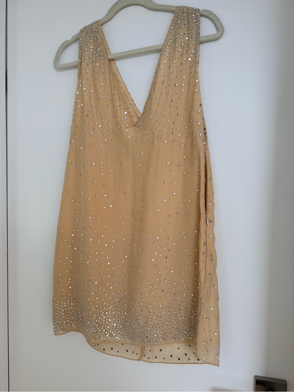 Zara Nude/Champagne Beaded V-Neck Mini Dress